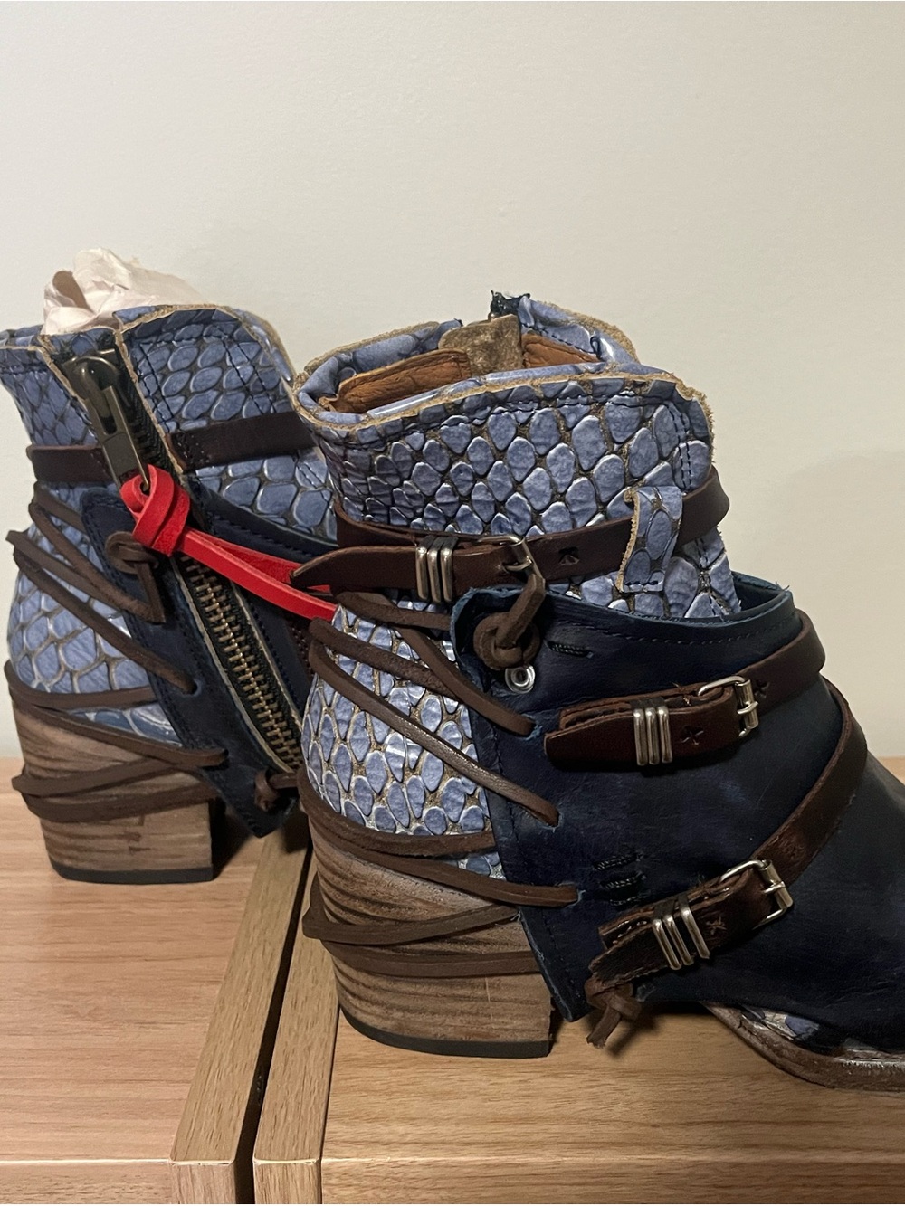 Freebird by Steven Crue Black Leather Ankle Boots with Blue Snake-Texture Cuff - Picture 4 of 5